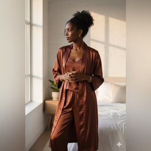 WinterSilks 100% Silk Duster Jacket Robe M Cinnamon Brown Satin